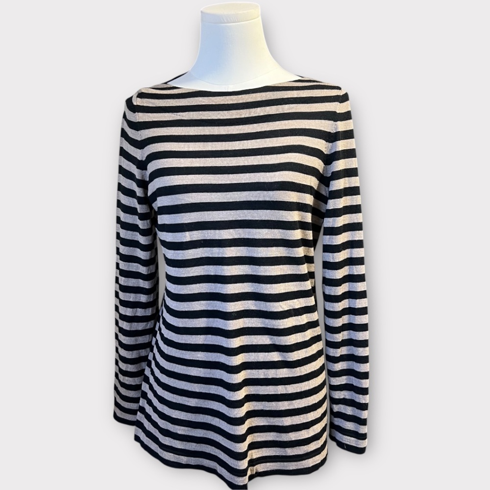 Eileen Fisher Sweater Womens PM Black Beige Stripe Merino Wool‎ Soft Lightweight
